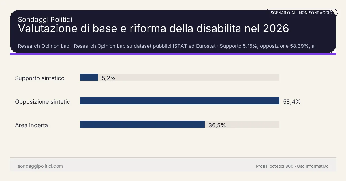 NON È UN SONDAGGIO Research Opinion Lab Supporto 5.15%, opposizione 58.39%, area incerta 36.46%: Valutazione di base e riforma della disabilita nel 2026. Risultati: Supporto sintetico 5,2%, Opposizione sintetica 58,4%, Area incerta 36,5%. Scenario AI non demoscopico con revisione umana: usare come lettura di contesto, non come rilevazione.