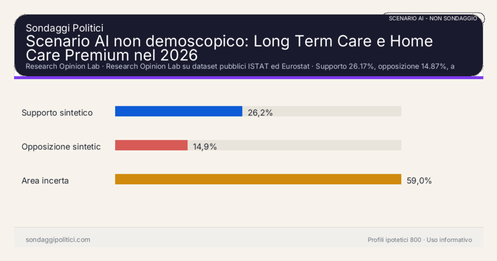 NON È UN SONDAGGIO Research Opinion Lab Supporto 26.17%, opposizione 14.87%, area incerta 58.96%: Scenario AI non demoscopico: Long Term Care e Home Care Premium nel 2026. Risultati: Supporto sintetico 26,2%, Opposizione sintetica 14,9%, Area incerta 59,0%. Scenario AI non demoscopico: nessuna intervista, nessun campione umano e nessuna previsione elettorale.