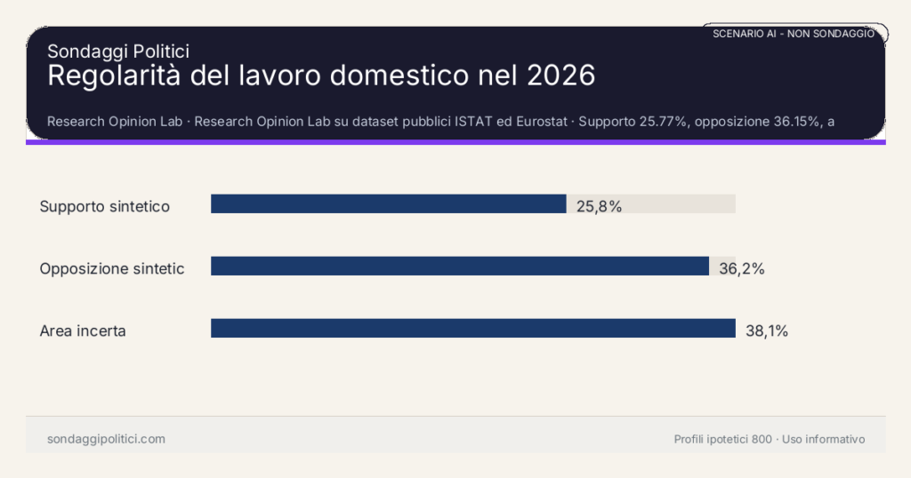 NON È UN SONDAGGIO Research Opinion Lab Supporto 25.77%, opposizione 36.15%, area incerta 38.08%: Regolarità del lavoro domestico nel 2026. Risultati: Supporto sintetico 25,8%, Opposizione sintetica 36,2%, Area incerta 38,1%. Scenario AI non demoscopico con revisione umana: usare come lettura di contesto, non come rilevazione.