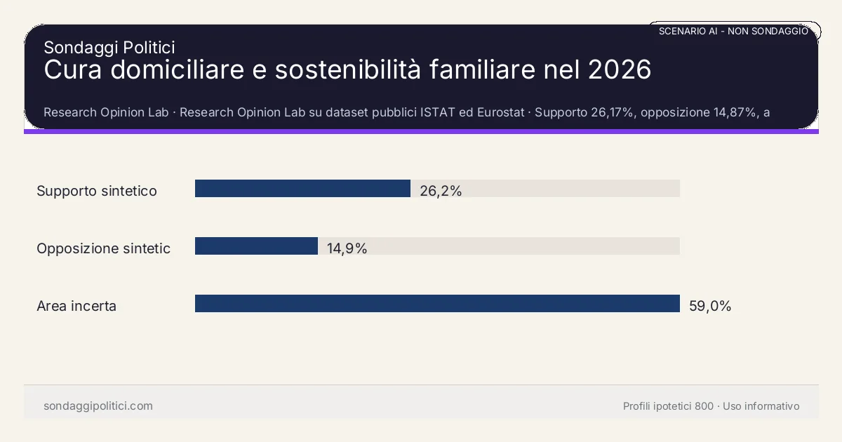 NON È UN SONDAGGIO Research Opinion Lab Supporto 26,17%, opposizione 14,87%, area incerta 58,96%: Cura domiciliare e sostenibilità familiare nel 2026. Risultati: Supporto sintetico 26,2%, Opposizione sintetica 14,9%, Area incerta 59,0%. Scenario AI non demoscopico con revisione umana: usare come lettura di contesto, non come rilevazione.