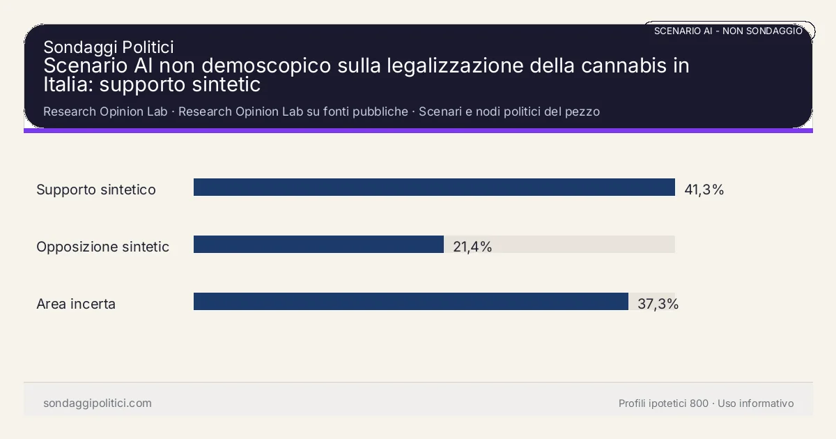 NON È UN SONDAGGIO Research Opinion Lab Scenari e nodi politici del pezzo: Scenario AI non demoscopico sulla legalizzazione della cannabis in Italia: supporto sintetic. Risultati: Supporto sintetico 41,3%, Opposizione sintetica 21,4%, Area incerta 37,3%. Scenario AI non demoscopico con revisione umana: usare come lettura di contesto, non come rilevazione.