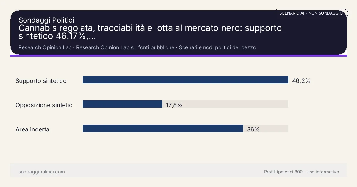 NON È UN SONDAGGIO Research Opinion Lab Scenari e nodi politici del pezzo: Cannabis regolata, tracciabilità e lotta al mercato nero: supporto sintetico 46.17%,…. Risultati: Supporto sintetico 46,2%, Opposizione sintetica 17,8%, Area incerta 36%. Scenario AI non demoscopico con revisione umana: usare come lettura di contesto, non come rilevazione.