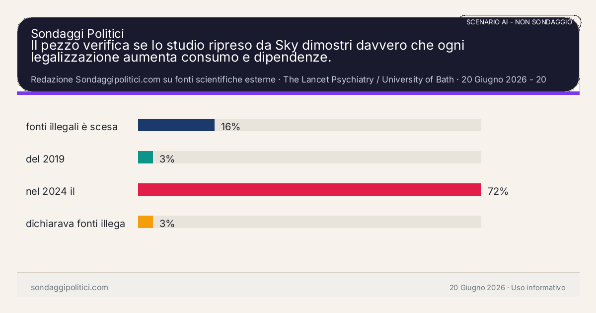 NON È UN SONDAGGIO Redazione Sondaggipolitici.com su fonti scientifiche esterne 20 Giugno 2026 - 20 Giugno 2026: Il pezzo verifica se lo studio ripreso da Sky dimostri davvero che ogni legalizzazione aumenta consumo e dipendenze.. Risultati: fonti illegali è scesa dal 16%, del 2019 3%, nel 2024 il 72%. Scenario AI non demoscopico: non è un sondaggio, non misura intenzioni di voto, non deriva da interviste o campioni rappresentativi e non è una previsione elettorale.