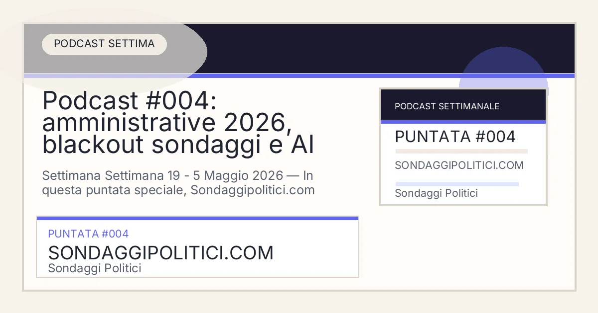 Card editoriale della puntata podcast Podcast #004: amministrative 2026, blackout sondaggi e AI Search su Sondaggi Politici.